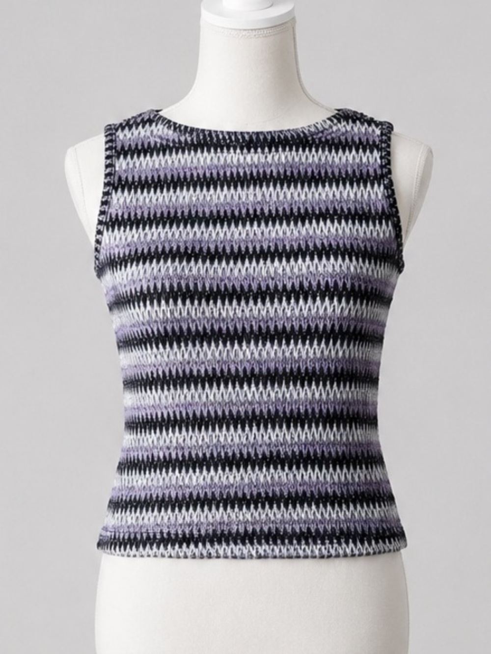 Y2K Metallic Chevron Striped Sleeveless Knit Tank Top Gray Lavender Silver Large